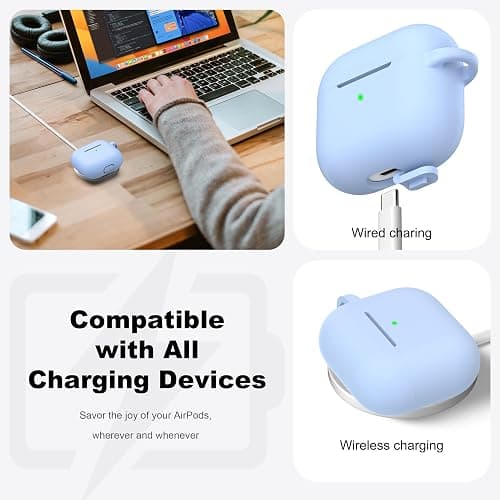 R-fun Compatible with AirPods 3 Case Cover, Silicone Protective Accessories Skin with Keychain Compatible with Apple AirPod 3rd Generation 2021 for Women Men Girls Boys,Front LED Visible,Sky Blue thumbnail 3