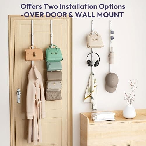 SWTYMIKI Over the Door Purse Organizer - 2 Packs Wall Mounted Purse Rack with 5 Hooks Design, Hanging Handbag Organizer Storage Holds up to 10 Bags, Bag Rack for Closet, Door (White) thumbnail 6