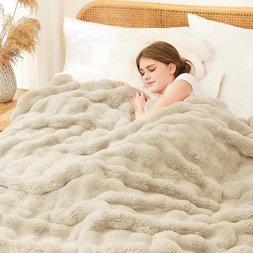 L'AGRATY Faux Rabbit Fur Blanket: 50" x 60" Luxury Soft Fluffy Thick Fur Throw Blanket for Couch Bed Sofa - Cozy Plush Bubble Blankets for Winter: Warm Flannel Fleece Decorative Blanket(Almond White) thumbnail 5
