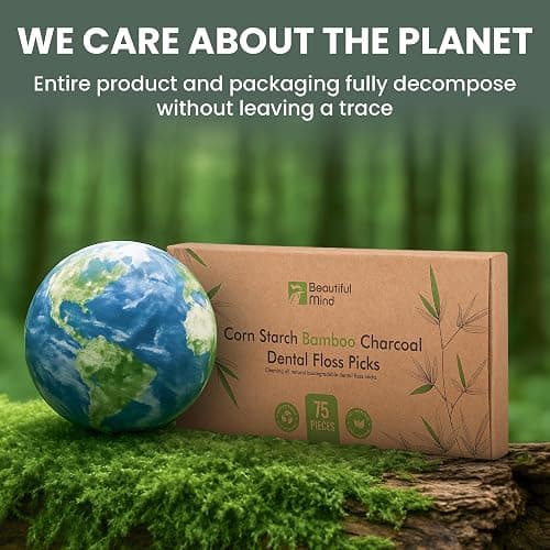 Natural Dental Floss Picks 75 Pack – Organic Biodegradable Floss Sticks with Strong Bamboo Charcoal Thread & Vegan Cornstarch Handle – No Plastics, No Artificial Flavours - Kraft Paper Box thumbnail 7