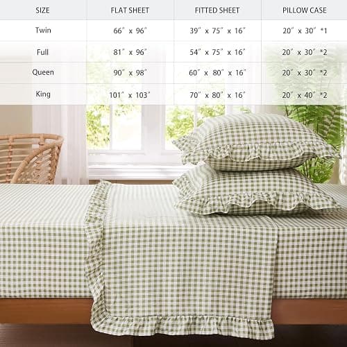 kisswish Gingham Queen Sheet Set, Lightweight Super Soft Brushed Microfiber Plaid Bed Sheets with 16" Deep Pocket, 4 Piece Ruffle Farmhouse Bedroom Decor, Sage Green thumbnail 2