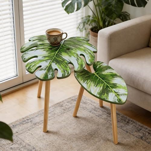 BAMEOS Monstera Leaf Nesting Tables Set of 2, Small Side Tables f Set with Leaf Vein Pattern, Modern Wooden CoffeeTables for Living Room Bedroom Apartment Balcony Yard - Image 1
