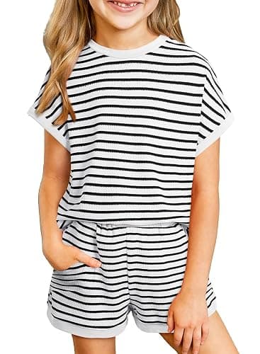 blibean Girls Summer Clothes Sets Kids Textured Striped Outfits Size 6-15 Years - Image 1