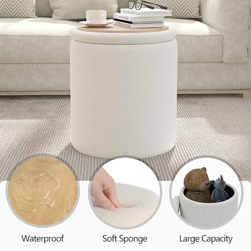 Ottoman Poufs with Storage,Soft Upholstered Vanity Stool,Multifunctional Ottomans Coffee Table Padded Seat Foot Rest for Living (White M) thumbnail 3