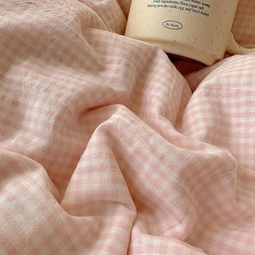 VM VOUGEMARKET Pink Duvet Cover with White Lace Twin Kids Pink Plaid Gingham Duvet Cover Set for Girl's College Dorm Soft Lightweight Cozy Bedding Set thumbnail 7