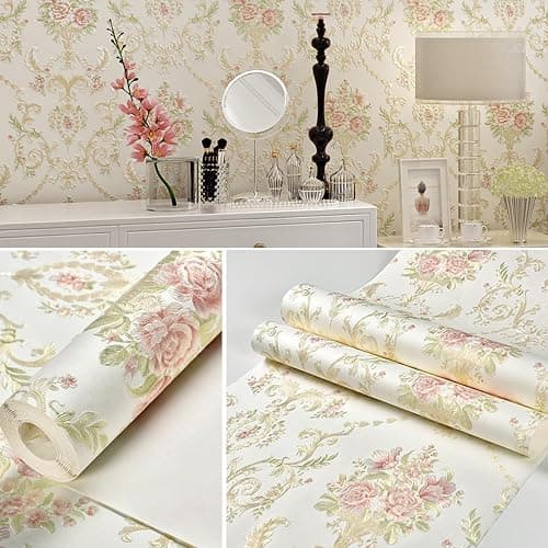 Farrich Vintage 3D Floral Peel and Stick Wallpaper Embossed Colorful Rustic Damask Flower Wall Paper Self Adhesive Wallpaper Decorations for Bedroom White 20.8" x 197" thumbnail 7