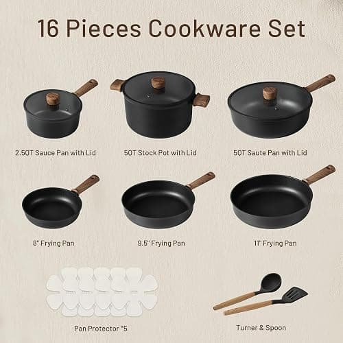 CAROTE Nonstick Pots and Pans, Induction Cookware Set Kitchen Cooking Sets, Non Stick w/Frying Pan (PFOS, PFOA Free), Black, 16pcs thumbnail 3
