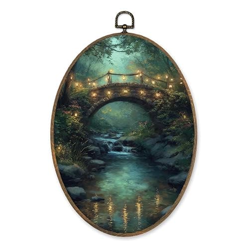 LKETW Vintage Fairy Forest Bridge Oval Wall Art Decor, Dark Cottagecore Enchanted Forest Oval Canvas Hanging Decor, Dark Academia Wall Decorations for Home Bedroom Living Room Gallery, 8.6x11.4 Inch - Image 1
