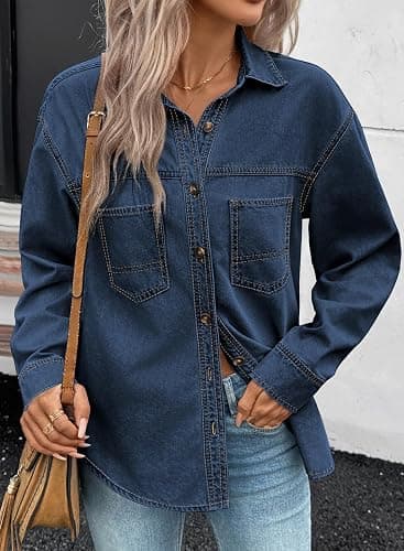 Sidefeel Women Denim Shirts Oversized Long Sleeve Button Down Blouse V Neck Casual Top Shackets thumbnail 3