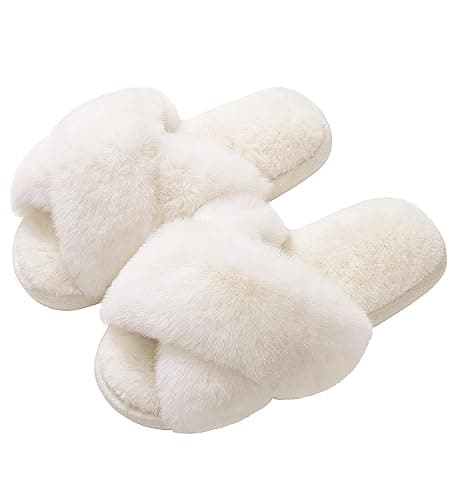 Evshine Memory Foam Fuzzy House Slippers for Women | Faux Fur Cross Band Open Toe Indoor Slippers, Gifts for Women, Moms and Bridesmaids - Image 1