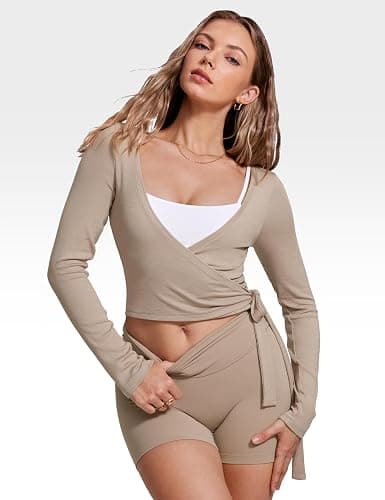 INGIA Womens V-Neck Long Sleeve Cross Wrap Top Slim Fit Soft Knit Layering Shirt Casual Yoga Gym Bandage Tie Tops thumbnail 4