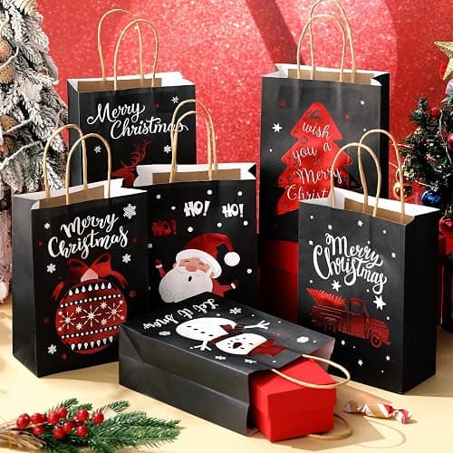 Containlol 24 Pcs Christmas Paper Gift Bags with Handles Foil Xmas Kraft Paper Favor Bags Christmas Treat Bags Black Gold Glitter Candy Goodie Bags for Holiday Party Favors Decor Supplies thumbnail 4