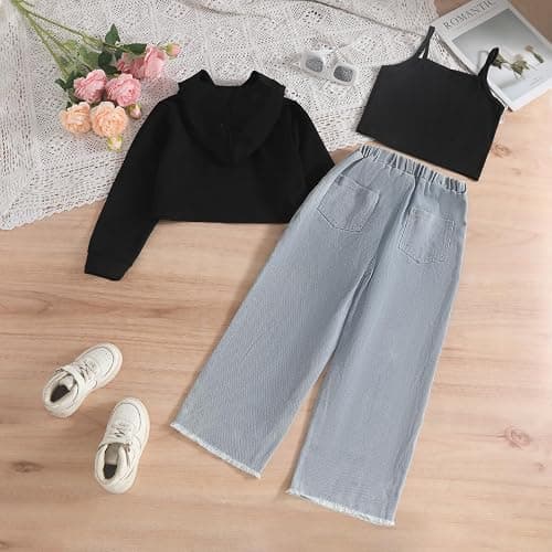 Voxikidio Size 5-10 Years Girls 3PCS Fashion Outfits Set - Cropped Hoodie + Cami Top + Printed Jeans 3-Piece Set thumbnail 8