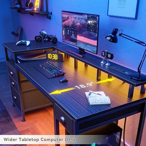 Furologee 60" Black Computer Desk with 4 Drawers and Printer Space, Gaming Desk with LED Lights and USB Power Outlets, Home Office Desk with Fabric File Cabinet,Study Work Table with Shelf for Bedroom thumbnail 8