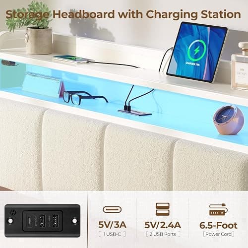 Rolanstar Bed Frame Full Size with Charging Station and LED Lights, Upholstered Headboard with Storage Shelves, Heavy Duty Metal Slats, No Box Spring Need, Noise Free, Easy Assembly, White thumbnail 4