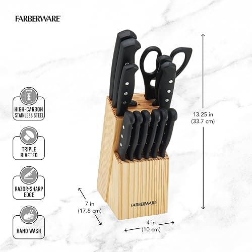 Farberware Knife Block Set 22-Piece Kitchen Knife Set with High-Carbon Stainless Steel Blades, Non-Slip Handles, Chef Knife, Santoku, Steak Knives, Scissors, Sharpening Steel, and Storage Block thumbnail 3