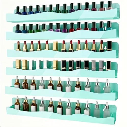 Nail Polish Wall Rack, 6-Shelf 15-Inch Light Green Acrylic Nail Polish Shelves with Removable Ends – Multi-Purpose Shelf for Essential Oils, Cosmetics Storage and Display for Salons and Bathrooms - Image 1