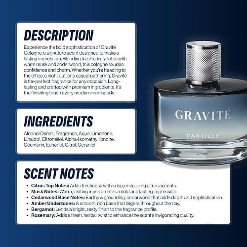 Particle Gravité Cologne Spray for Men, Long Lasting Fresh Scent, Men's Perfume Woody Citrus Fragrance, Notes of Pepper, Rosemary, Grapefruit, Cedar, Cashmere & Musk, 3.38 FL OZ Bottle thumbnail 6