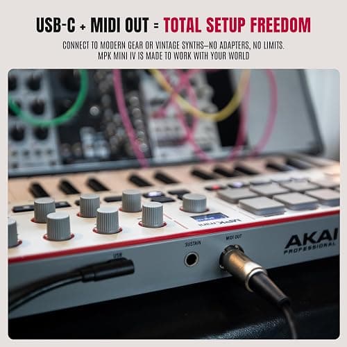 Akai Professional MPK Mini IV USB-C MIDI Keyboard Controller for Beginners and Producers - MPC Drum Pads, 360° Knobs, Pitch and Mod Wheels, Production Software, Native Instruments Sound Package, Grey thumbnail 9