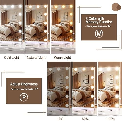 halumao Vanity Makeup Mirror with Lights, Light Up Mirror with Smart Touch 3 Colors Dimmable, Memory Function thumbnail 3