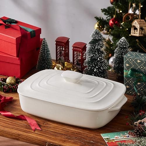 Large Ceramic Casserole Dish with Lid, 4.0 Quart Covered Rectangular Stoneware Baking Dishes for Oven, Deep 9x13 Inch Lasagna Pans for Baking and Serving, Perfect for Christmas Gifts, White thumbnail 7