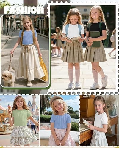 Oakgarden 4 Pack Girls T Shirts 5-14 Years Short Sleeve Ribbed Tops Crew Neck Slim Fit Summer Casual Cute Basic Tees for Kids thumbnail 5