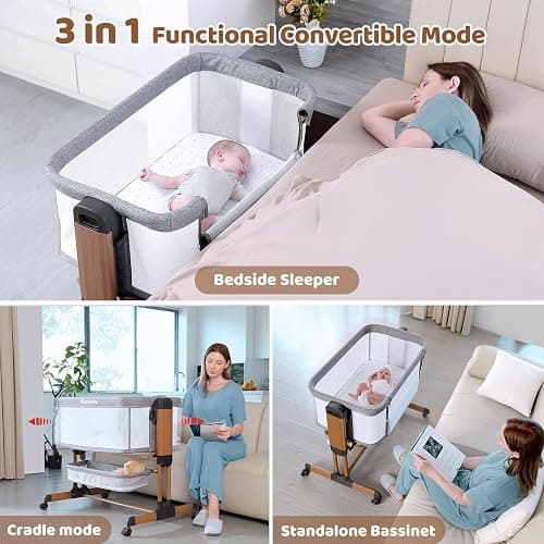 Ezebaby 3-in-1 Baby Bassinet, Rocking Baby Bassinets Bedside Sleeper, Adjustable Portable Crib for Newborn Infant with Wheels Storage Basket and Mesh Sides thumbnail 3