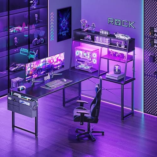 AODK L Shaped Gaming Desk with Led Lights, 59 Inch Reversible Gaming Computer Desk with Display Shelves, PC Gamer Desk Gamer Table with Storage Bag, L Desk for Game, Black thumbnail 2