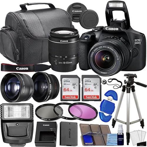 Canon EOS 2000D / Rebel T7 DSLR Camera w/EF-S 18-55mm f/3.5-5.6 Lens 3 Lens Kit: 128GB Memory + Wide Angle + Telephoto + Flash (Renewed) - Image 1