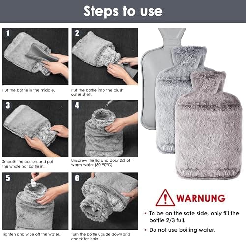 BOLEi Hot Water Bottle with Luxury Cosy Faux Fur Cover,2L Leakproof Large Hot Water Bag for Neck,Shoulder,Hand Feet Warmer,Gifts for Women,Men(Grey) thumbnail 7