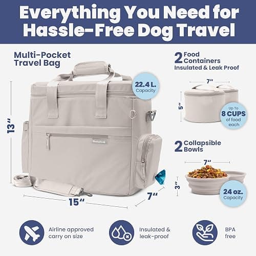 The Original Doggy Bag™- Dog Travel Bag for Supplies - Ultimate Gift for Dog Moms & Dads, Doggy Lovers & Pet Owners for Christmas- Includes 2 BPA-Free Travel Bowls and 2 Food Containers: Beige thumbnail 4