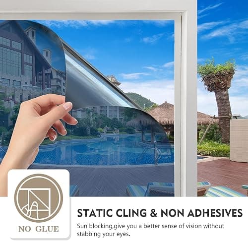 Window Privacy Film,One Way Mirror Film Daytime Anti UV Sun Blocking Heat Control Reflective Film Decorative Static Cling Window Tint for Home Office Living Room(Silver, 17 Inch x 6.5 Feet) thumbnail 4