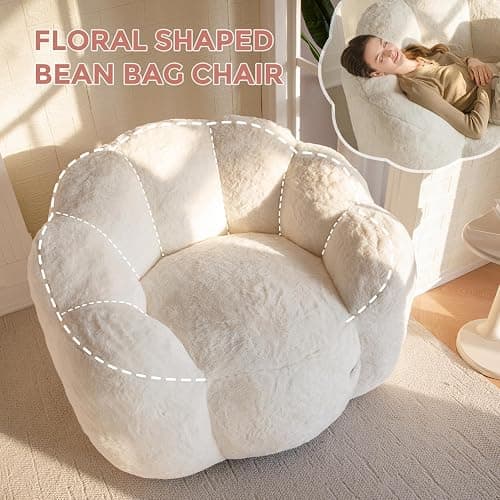 MAXYOYO Bean Bag Chair for Adults, Floral Shaped Bean Bag Sofa, Ultra Soft Faux Fur Floor Sofa, Large Reading Chair for Living Room Bedroom, Beige, Single thumbnail 6
