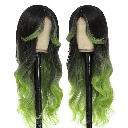 iluadme Black And Green Wig Highlight Sythetic Long Wavy Wig 26" Skunk Stripe Wigs For Women Daily Party Used Middle Part Cosplay（#OTgreen） thumbnail 6