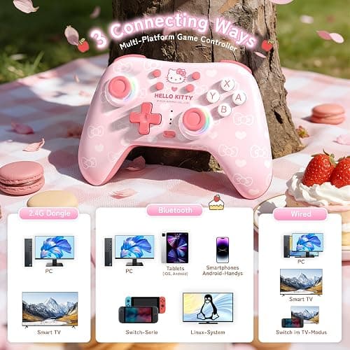 Kuitmor Pink Switch Controller,Hello Kitty Hall Effect Controllers Wireless for Switch 2/1/OLED/Lite,PC,Android,iOS | Bluetooth + Wired,1000mAh Battery,6-Axis Gyro,Dual Vibration,RGB Breathing Light thumbnail 2