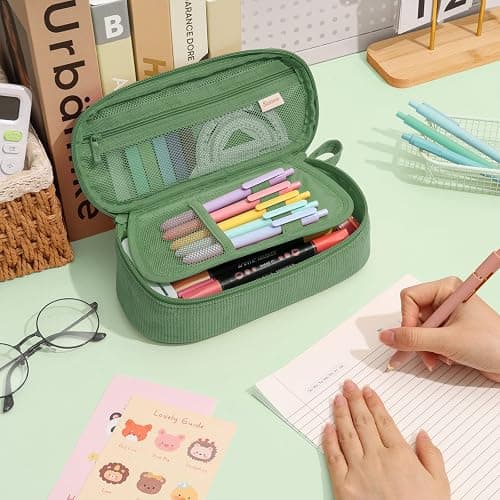 SUNEE Cute Pencil Case, Large Capacity Pencil Pouch, Soft Corduroy Pencil Bag, Big Storage Pen Organizer for Stationery, Aesthetic Zipper Pencil Box, Back to School Supplies for Teen Girls Boys, Green thumbnail 2