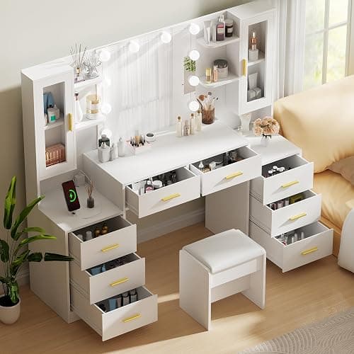 ANWBROAD 59.1" Large Vanity Desk with Mirror & Lights White Makeup Vanity Set with Power Outlet and 8 Drawers 3 Lighting Modes Adjustable Dressing Table for Girl Women Bedroom Dressing Room UBDT67W thumbnail 3