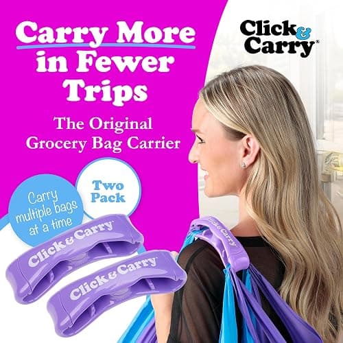 Click & Carry Grocery Bag Carrier Handle - Carry More in Fewer Trips, 100lb Capacity, Hands-Free, Gel-Padded Ergonomic Design, Shopping & Grocery Bag Holder - As Seen On Shark Tank, Purple, 2 Pack thumbnail 2