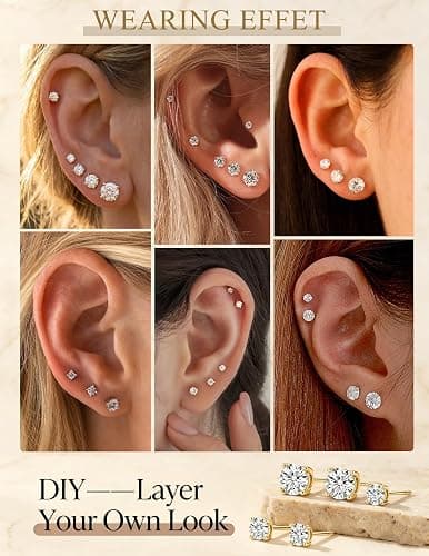 5 Pairs 14K Gold Plated Stud Earrings for Women, CZ Multiple Piercing Set | Hypoallergenic CZ Stud Earrings Set, 3-7mm Cubic Zirconia, Lightweight Comfortable Studs, Non Tarnish Jewelry, Gift for Women thumbnail 5