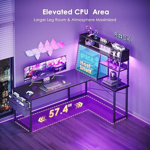 AODK L Shaped Gaming Desk with Led Lights, 59 Inch Reversible Gaming Computer Desk with Display Shelves, PC Gamer Desk Gamer Table with Storage Bag, L Desk for Game, Black thumbnail 6