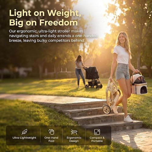 EPPMagice All-Terrain Pet Stroller for Small Medium Dogs & Cats, 20 lbs Capacity - Portable Carrier with One-Touch Brake, Lightweight Foldable Design & Shock Absorption Wheels,Beige thumbnail 9