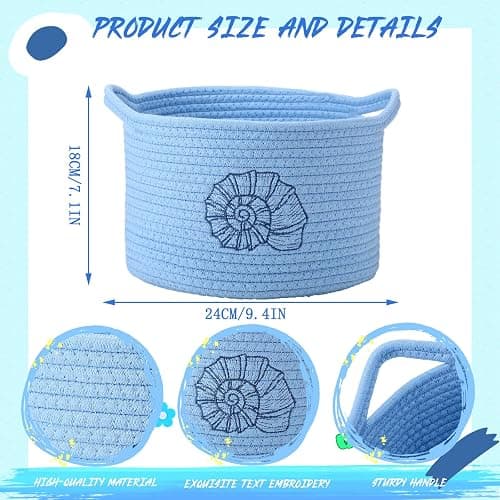 Vesici 3 Pcs Coastal Seashell Starfish Woven Baskets Blue White Green Beach Small Cotton Rope Storage Basket 9.7'' x 7.1'' Laundry Organizer with Handles for Toys Clothes Organization Nursery Bedroom thumbnail 3