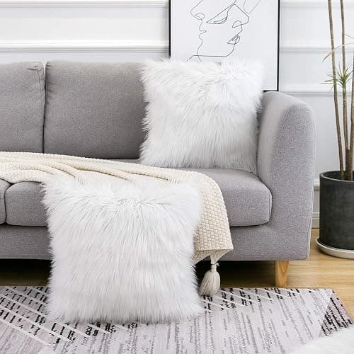 WLNUI Set of 2 White Christmas Decorative Fluffy Pillow Covers New Luxury Series Merino Style Faux Fur Throw Pillow Covers Square Fuzzy Cushion Case for Sofa Bedroom Living Room Home Decor 18x18 Inch thumbnail 2
