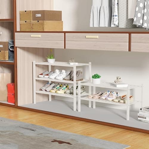 ROMGUAR CRAFT 3 Tier Bamboo Shoe Rack for Closet Free Standing Wood Shoe Shelf Storage Organizer for Entryway Small Space Stackable 27"x11"x20" (White) thumbnail 4