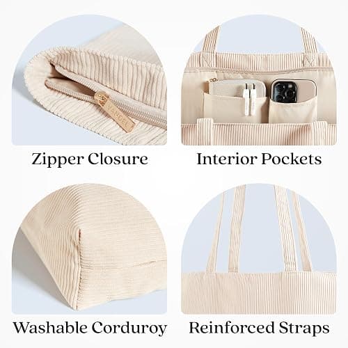 VANDEL Corduroy Tote Bag for Women and Men with Zipper and Inner Pockets. Cute School Tote Bag with Zipper, Aesthetic thumbnail 2