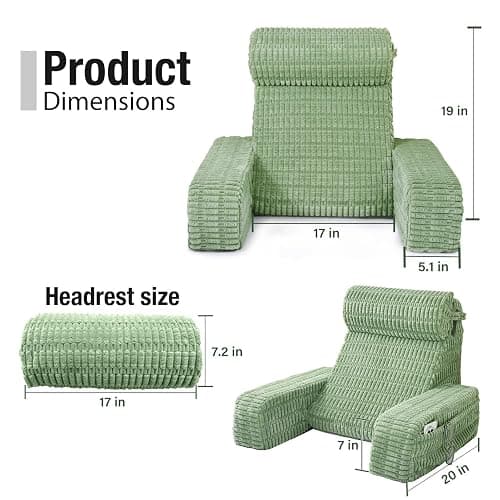Selectico 19" Reading Pillow for Bed with Built-in Arms & Large Pockets, Supportive Backrest Cushion for Reading, Resting, or Reclining, Washable Cover – Sage Green thumbnail 2