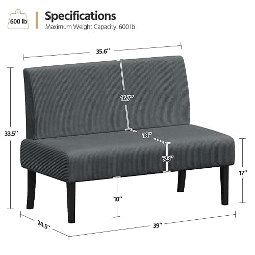 Yaheetech Small Mini Sofa Couch Armless Loveseat Futon for Bedroom, Corduroy Fabric & Easy Assembly, for Small Spaces Living Room,Dorm,Office,Apartment, Dark Grey thumbnail 3