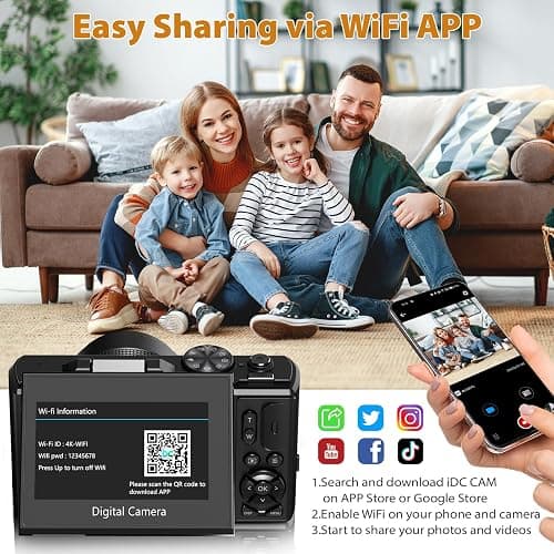 4K Digital Camera for Photography, 4K 64MP Vlogging Camera for YouTube with 3" 180° Flip Screen, Compact WiFi Camera with 18X Digital Zoom, 32GB Micro SD Card & 2 Batteries, Black thumbnail 7