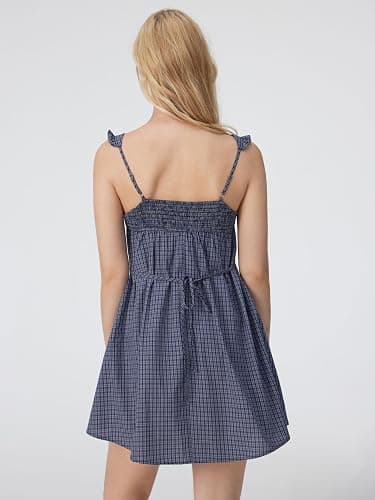 CIDER Womens Mini Dress Gingham Print Square Neck Ruffle Straps Loose Fit Slip Dress Holiday Casual Dresses thumbnail 5