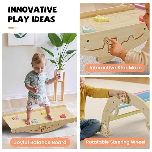 Bimomiki Pikler Triangle Climbing Set with Cushion, Foldable Climbing Toys Indoor, Montessori Toddler Gym, 10-in-1 Climber & Playground, Gift for Christmas, Birthday, New Year (Rainbow Valley) thumbnail 6